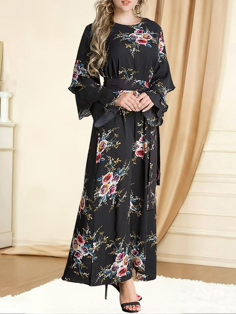 Elegant Rose Print Long Dress, round Neck Loose-Fit Thin Fabric, Back Zipper Design, Perfect for All Seasons, Women'S Fashion