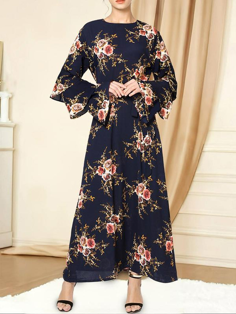 Elegant Rose Print Long Dress, round Neck Loose-Fit Thin Fabric, Back Zipper Design, Perfect for All Seasons, Women'S Fashion