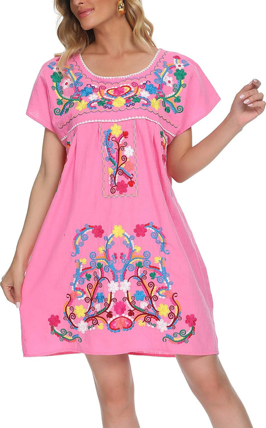 Women'S Casual Skirt Boho Mexican Peasant Dresse plus Size XXL Dress (225PINK, S)