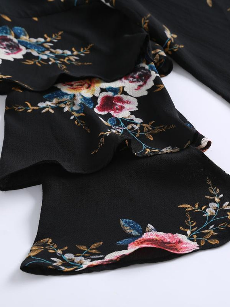 Elegant Rose Print Long Dress, round Neck Loose-Fit Thin Fabric, Back Zipper Design, Perfect for All Seasons, Women'S Fashion