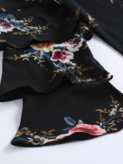Elegant Rose Print Long Dress, round Neck Loose-Fit Thin Fabric, Back Zipper Design, Perfect for All Seasons, Women'S Fashion