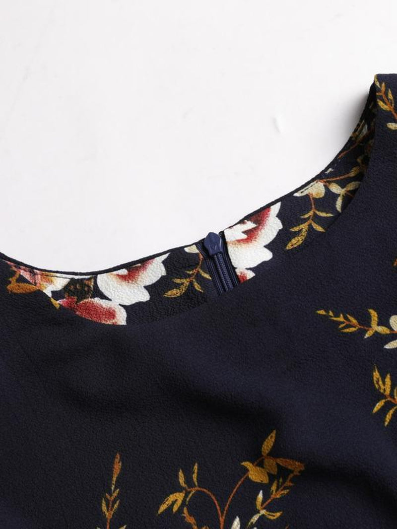 Elegant Rose Print Long Dress, round Neck Loose-Fit Thin Fabric, Back Zipper Design, Perfect for All Seasons, Women'S Fashion