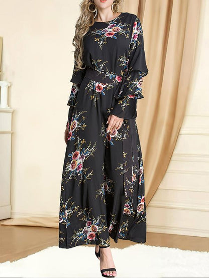 Elegant Rose Print Long Dress, round Neck Loose-Fit Thin Fabric, Back Zipper Design, Perfect for All Seasons, Women'S Fashion