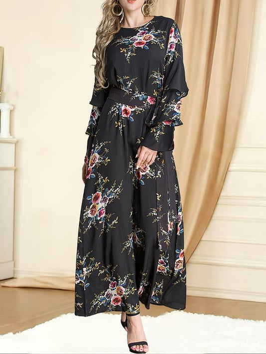 Elegant Rose Print Long Dress, round Neck Loose-Fit Thin Fabric, Back Zipper Design, Perfect for All Seasons, Women'S Fashion