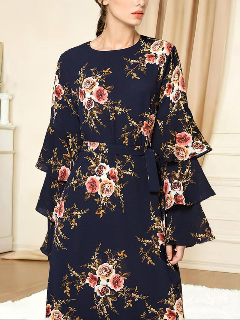 Elegant Rose Print Long Dress, round Neck Loose-Fit Thin Fabric, Back Zipper Design, Perfect for All Seasons, Women'S Fashion