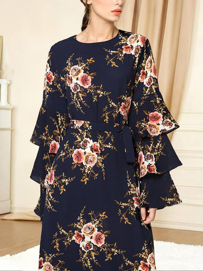 Elegant Rose Print Long Dress, round Neck Loose-Fit Thin Fabric, Back Zipper Design, Perfect for All Seasons, Women'S Fashion