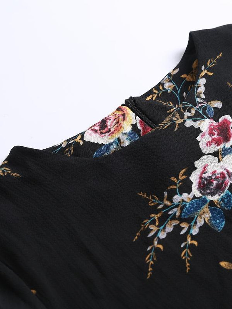 Elegant Rose Print Long Dress, round Neck Loose-Fit Thin Fabric, Back Zipper Design, Perfect for All Seasons, Women'S Fashion