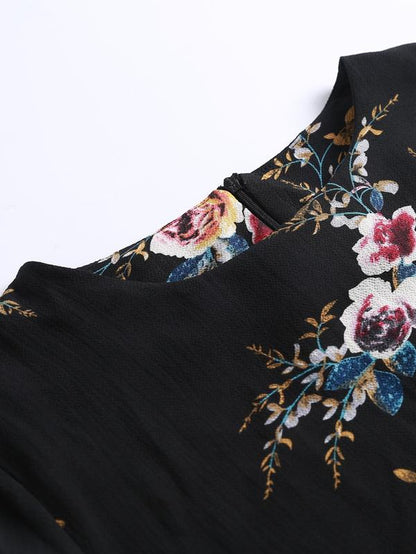 Elegant Rose Print Long Dress, round Neck Loose-Fit Thin Fabric, Back Zipper Design, Perfect for All Seasons, Women'S Fashion