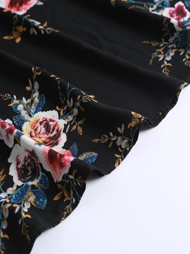 Elegant Rose Print Long Dress, round Neck Loose-Fit Thin Fabric, Back Zipper Design, Perfect for All Seasons, Women'S Fashion
