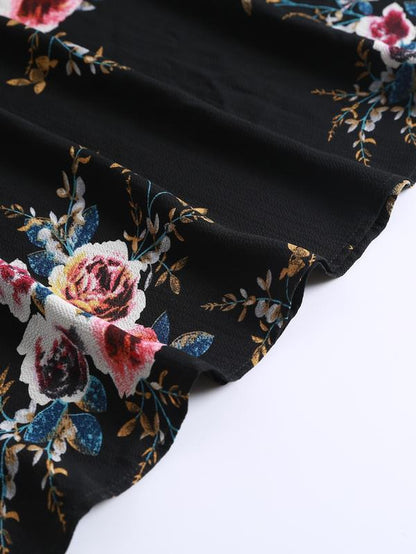Elegant Rose Print Long Dress, round Neck Loose-Fit Thin Fabric, Back Zipper Design, Perfect for All Seasons, Women'S Fashion